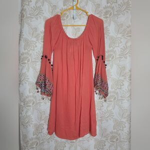 ACE FASHIONS Off the Shoulder Mini Coral Embroidered Beaded Bell Sleeve Dress M